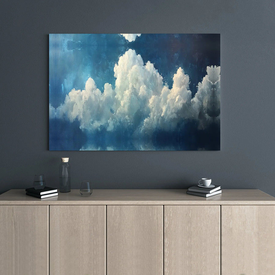Blue Sky Canvas Wall Art | Dramatic Cloud Oil Painting Print | Premium Gallery Wrap 1.25 inch | Modern Coastal Home Decor for Living Room
