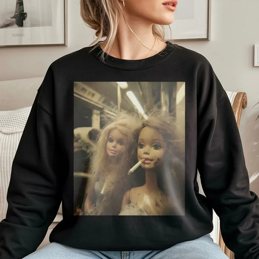Smoking Doll Graphic Sweatshirt | Edgy Grunge Aesthetic Print | Premium Cotton Blend | Unisex Streetwear Gift for Teens and Adults