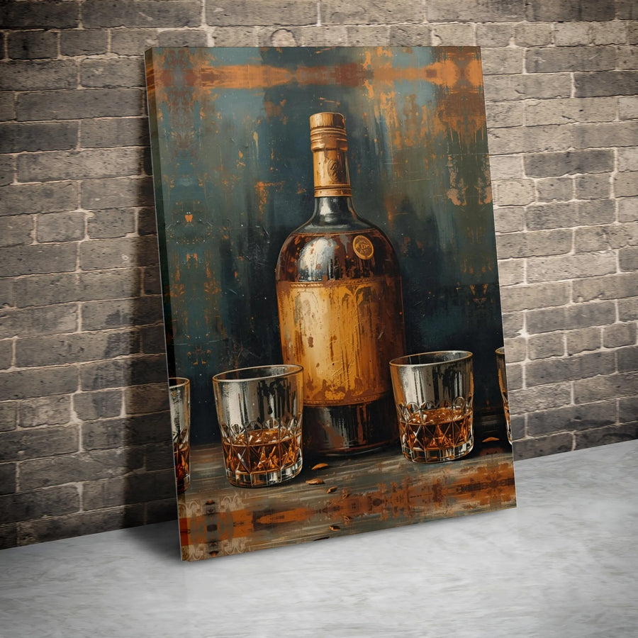 Whiskey Still Life Canvas Wall Art | Rustic Liquor Bottle And Glass Painting | 1.25-Inch Premium Gallery Profile | Bar Decor For Home Man Cave