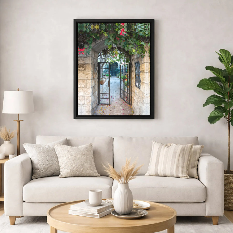 Mediterranean Garden Archway Canvas | Stone Gate Architectural Wall Art | Premium Fade-Resistant Gallery Print | Elegant Home Office Decor Gift