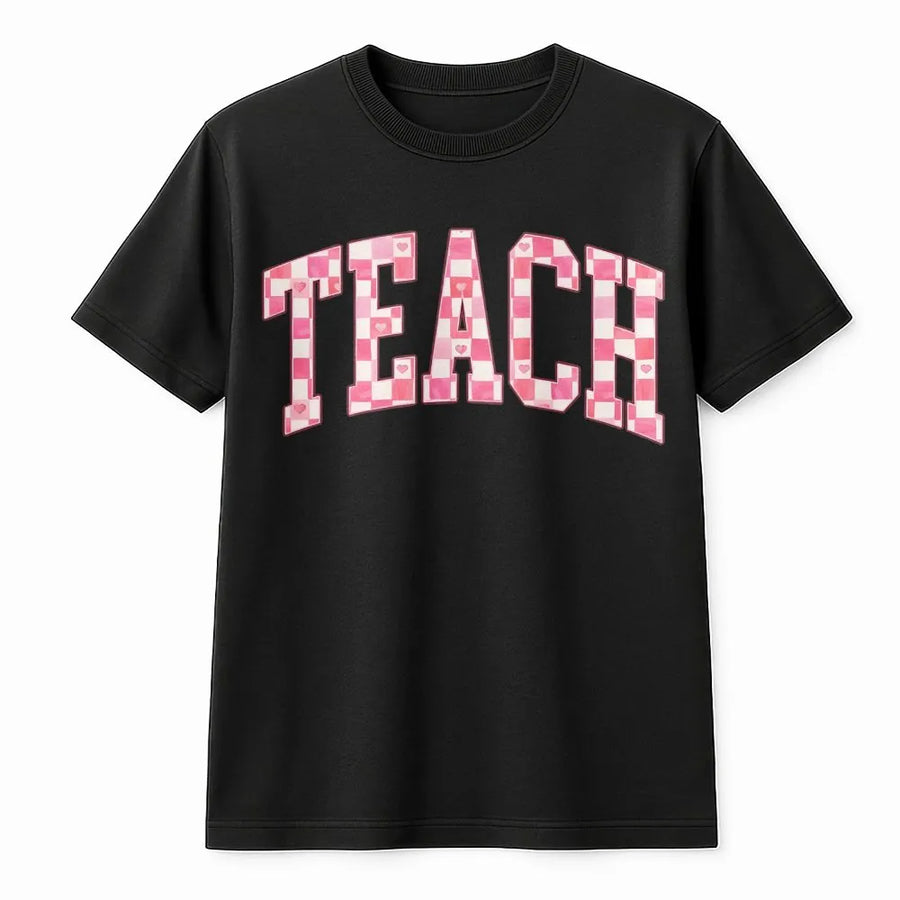 Teach T-Shirt | Pink Checkerboard Heart Varsity Lettering | Soft Cotton Premium Tee | Cute Teacher Appreciation Gift for Valentine's Day