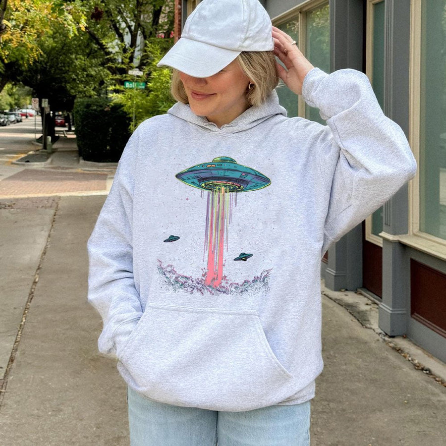 UFO Alien Hoodie | Retro Vaporwave Space Graphic | Premium Cotton Blend | Unisex Paranormal Apparel Gift for Sci-Fi Fans