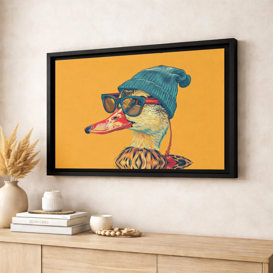 Cool Duck Canvas Wall Art | Hipster Duck with Beanie and Sunglasses Print | Premium Gallery-Wrapped Decor | Unique Gift for Animal Lovers