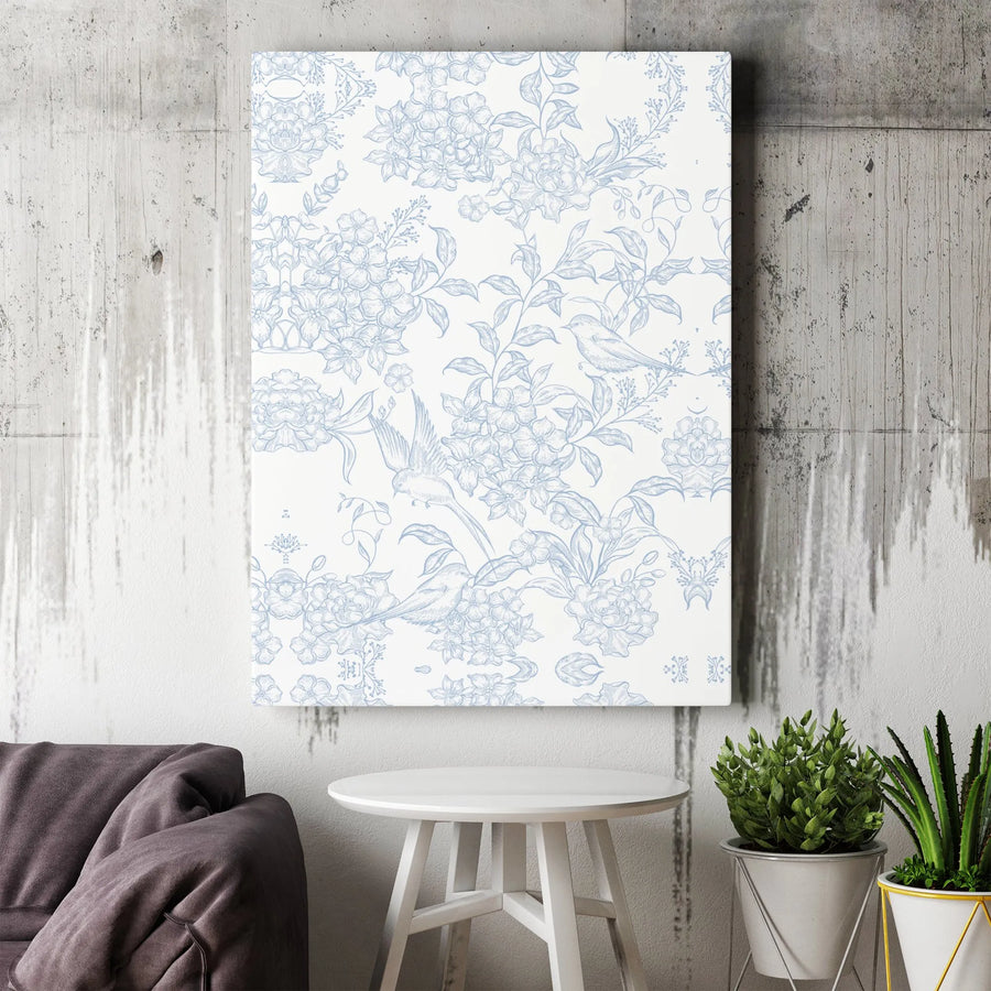 Botanical Bird Toile Canvas Art | Blue Floral Sketch Wall Print | Premium Gallery Wrapped Canvas | Elegant Cottagecore Home Decor Gift