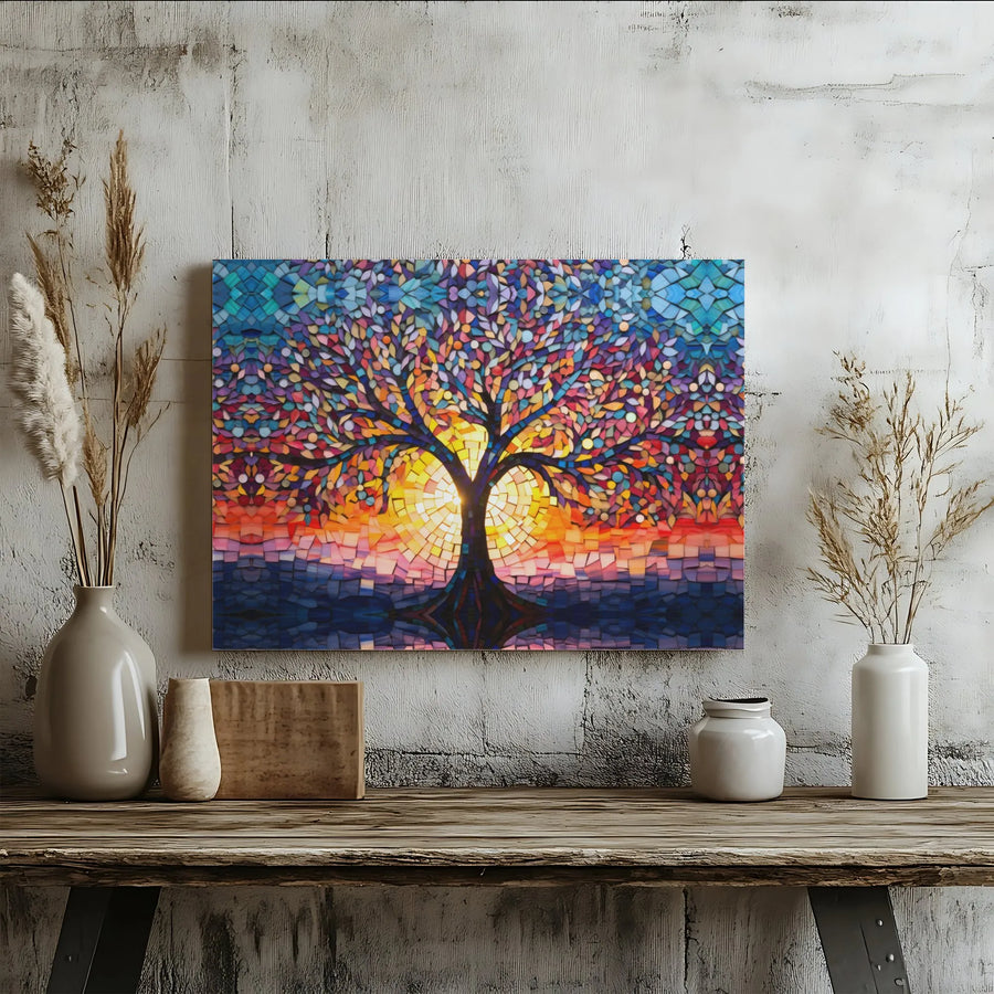 Tree Of Life Wall Art | Colorful Mosaic Sunset Canvas Print | Gallery-Quality 1.25" Profile | Premium Home Decor Gift