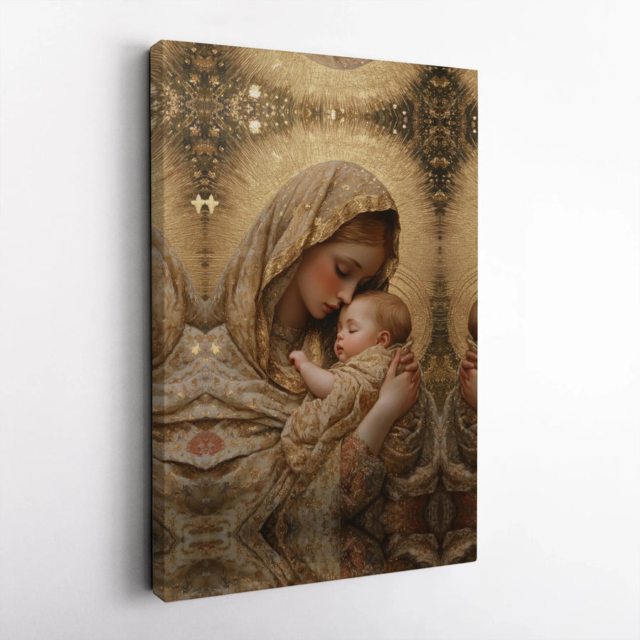 Virgin Mary and Child Jesus Canvas Art | Golden Halo Religious Wall Decor | Premium Fade-Resistant Print | Spiritual Home Gift