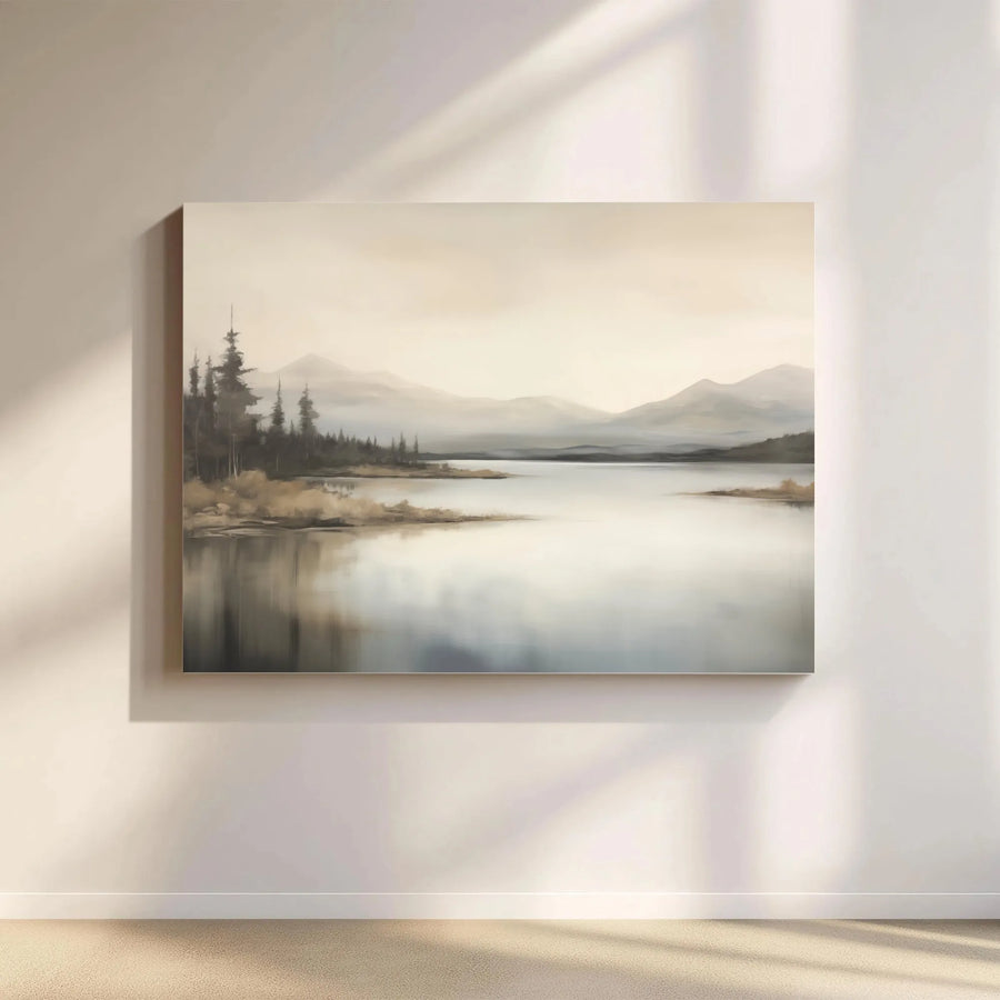 Neutral Landscape Canvas Print | Misty Mountain Lake Wall Art | Gallery Quality Fade-Resistant Decor | Modern Minimalist Home Office Gift