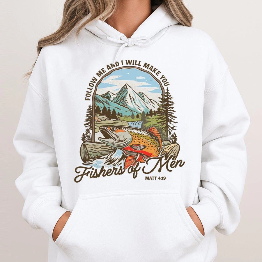 Fishers Of Men Hoodie | Matthew 4:19 Bible Verse Graphic | Premium Cotton Blend Sweatshirt | Christian Fishing Gift For Men And Women