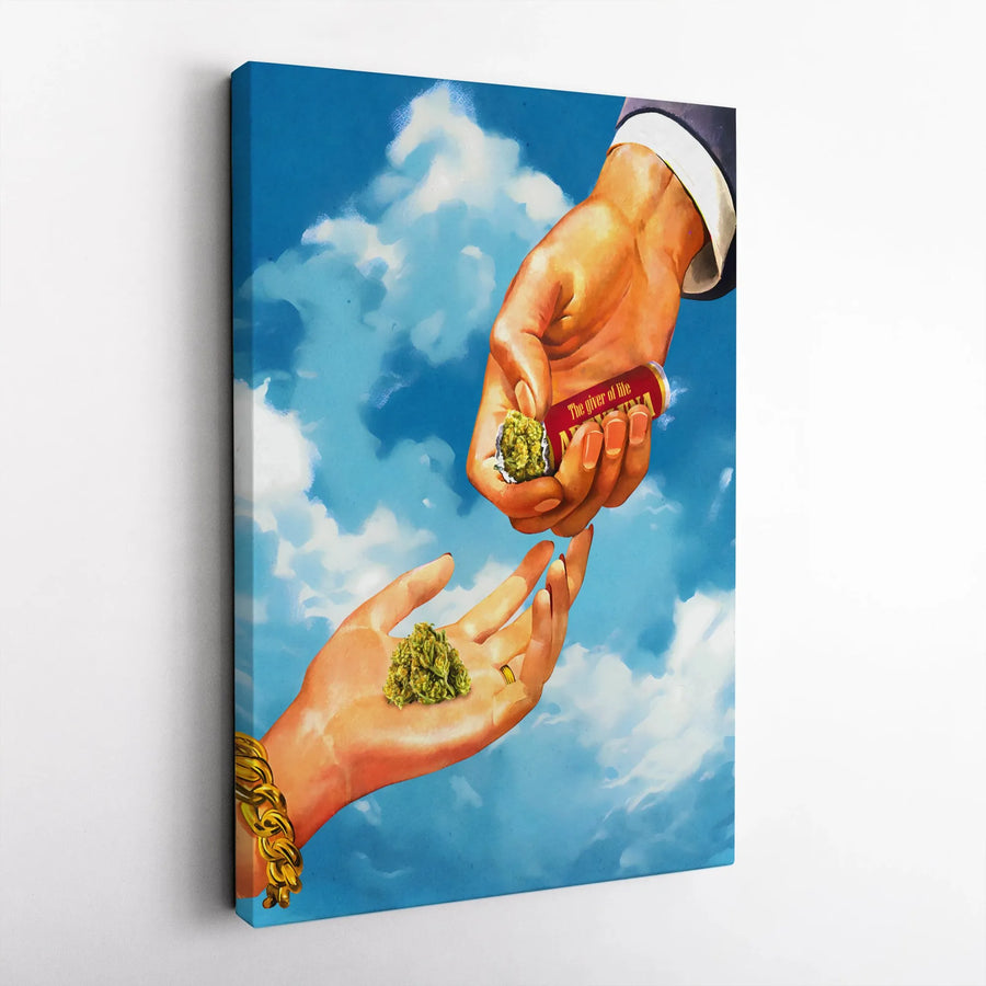 Cannabis Creation Wall Art Canvas | Retro God's Touch Parody Print | Premium Gallery Wrapped Canvas | Unique Stoner Gift for 420 Room Decor