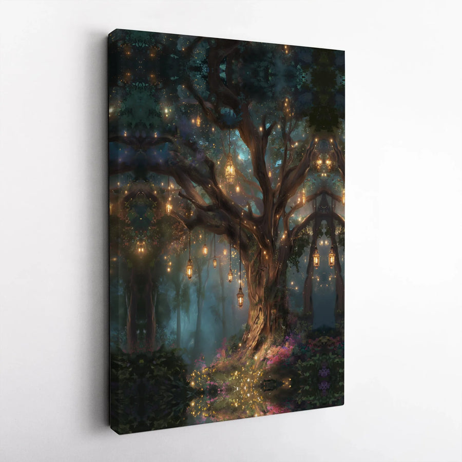 Enchanted Forest Canvas Print | Magical Tree with Glowing Lanterns | Premium High-Resolution Wall Art | Fantasy Home Decor Gift