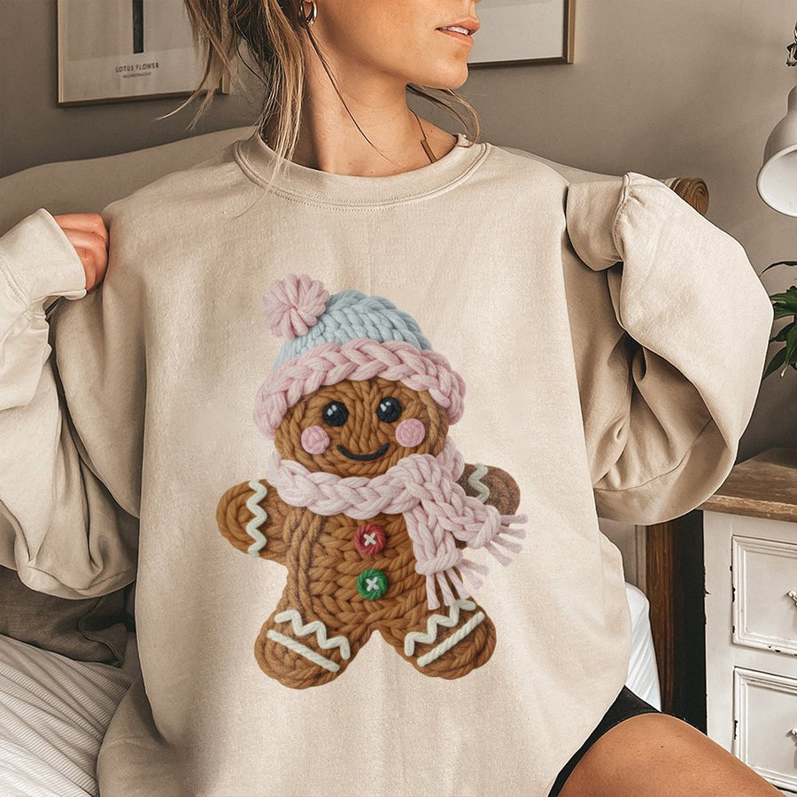 Cute Gingerbread Man Sweatshirt | Yarn Knit Texture Design | Premium Cotton Blend | Christmas Holiday Gift for Her