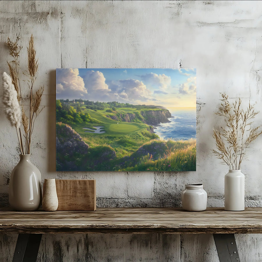 Golf Course Coastal Canvas Print | Scenic Ocean Cliff Landscape | Premium Gallery Wrapped Art | Golfer Birthday Gift Wall Decor