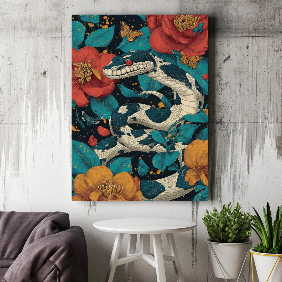 Snake Floral Canvas Wall Art | Dark Botanical Serpent with Butterflies | Premium Gallery Wrap 1.25 Inch | Moody Maximalist Home Decor Gift