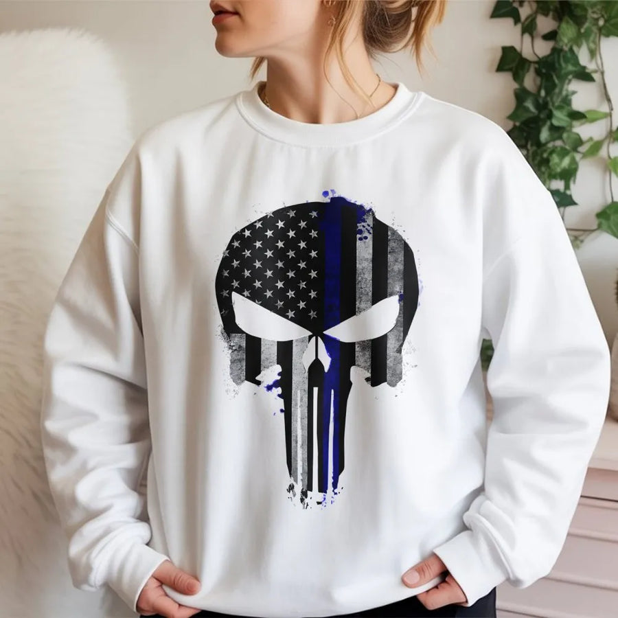 Thin Blue Line Skull Sweatshirt | American Flag Police Support Graphic | Premium Cotton Blend Crewneck | Law Enforcement Officer Appreciation Gift