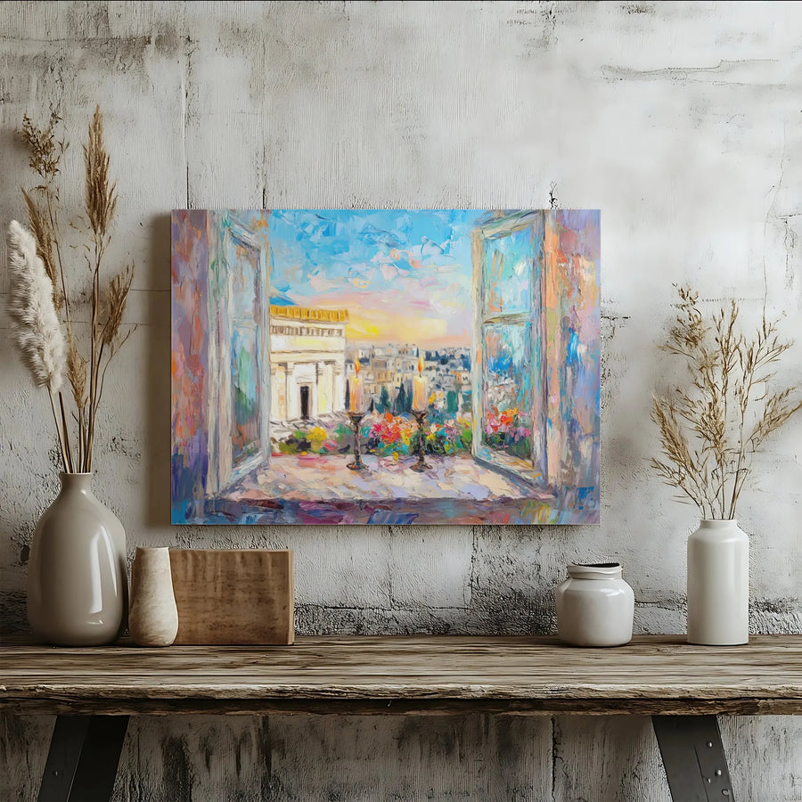 Jerusalem Old City Canvas Wall Art | Impressionist Shabbat Candles Window View | Premium Fade-Resistant Print | Jewish Home Decor Gift