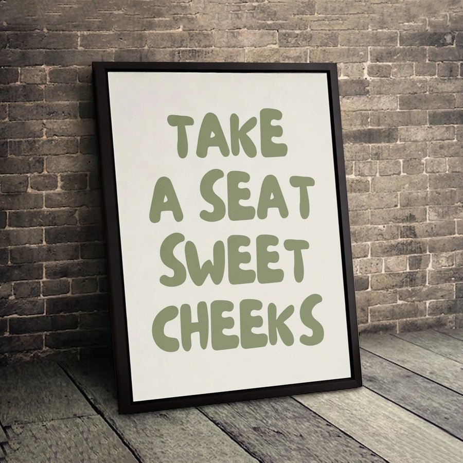 Take A Seat Sweet Cheeks Wall Art | Sage Green Retro Typography Print | Premium Gallery Wrap Canvas | Funny Bathroom Decor Gift