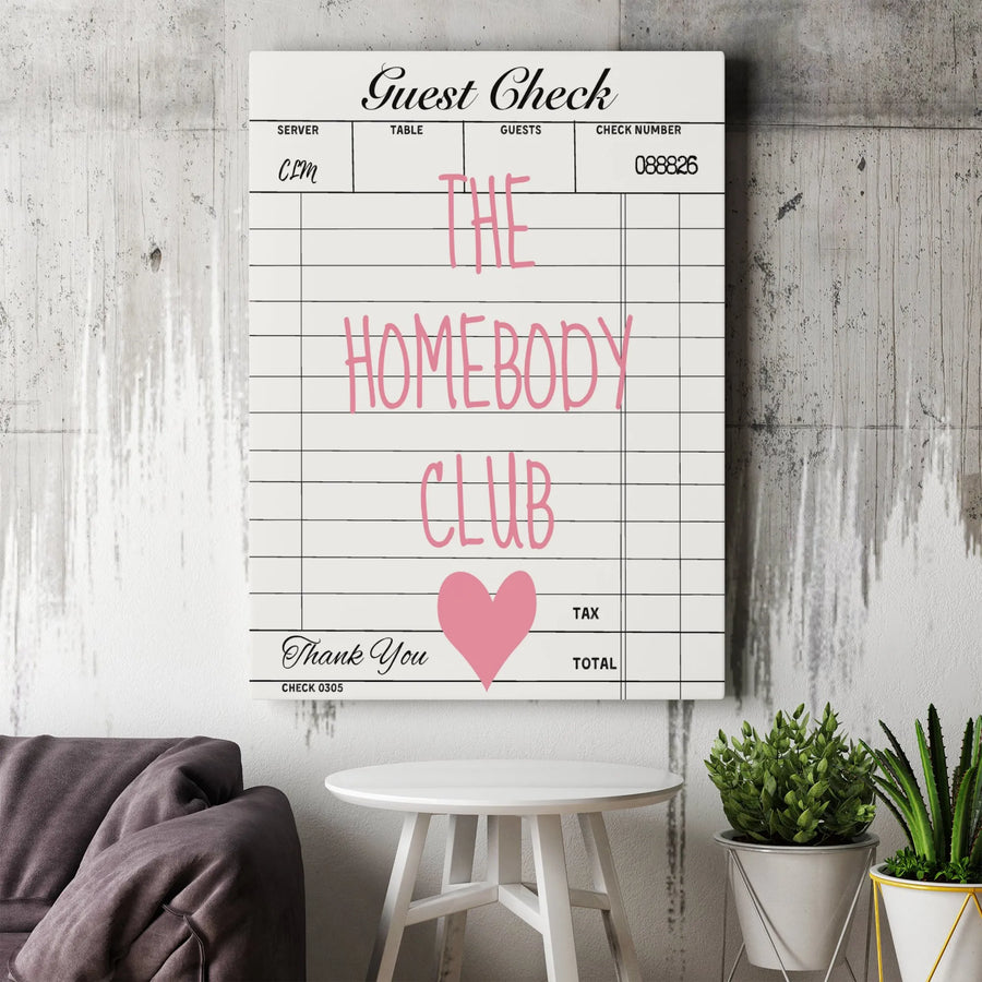 The Homebody Club Canvas Art | Restaurant Receipt Design with Pink Heart | Premium Gallery Wrap | Trendy Aesthetic Wall Decor for Bedroom