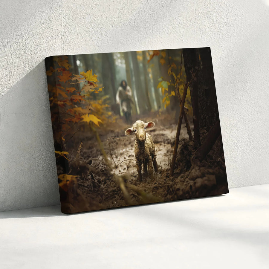 Jesus The Good Shepherd Canvas | Lost Lamb In Forest Wall Art | Premium Gallery Wrapped Print | Religious Home Decor Gift