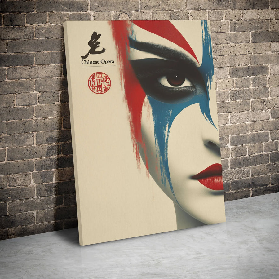 Chinese Opera Canvas Wall Art | Red and Blue Theatrical Face Paint Print | 1.25 Inch Gallery Wrap | Elegant Cultural Decor for Home or Office