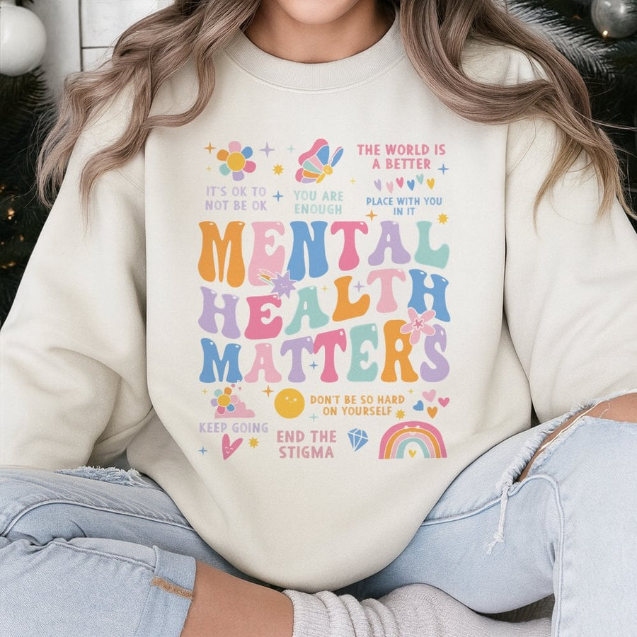 Mental Health Matters Sweatshirt | Retro Positive Vibes Aesthetic | Premium Cotton Blend | Self Love Inspirational Gift For Her