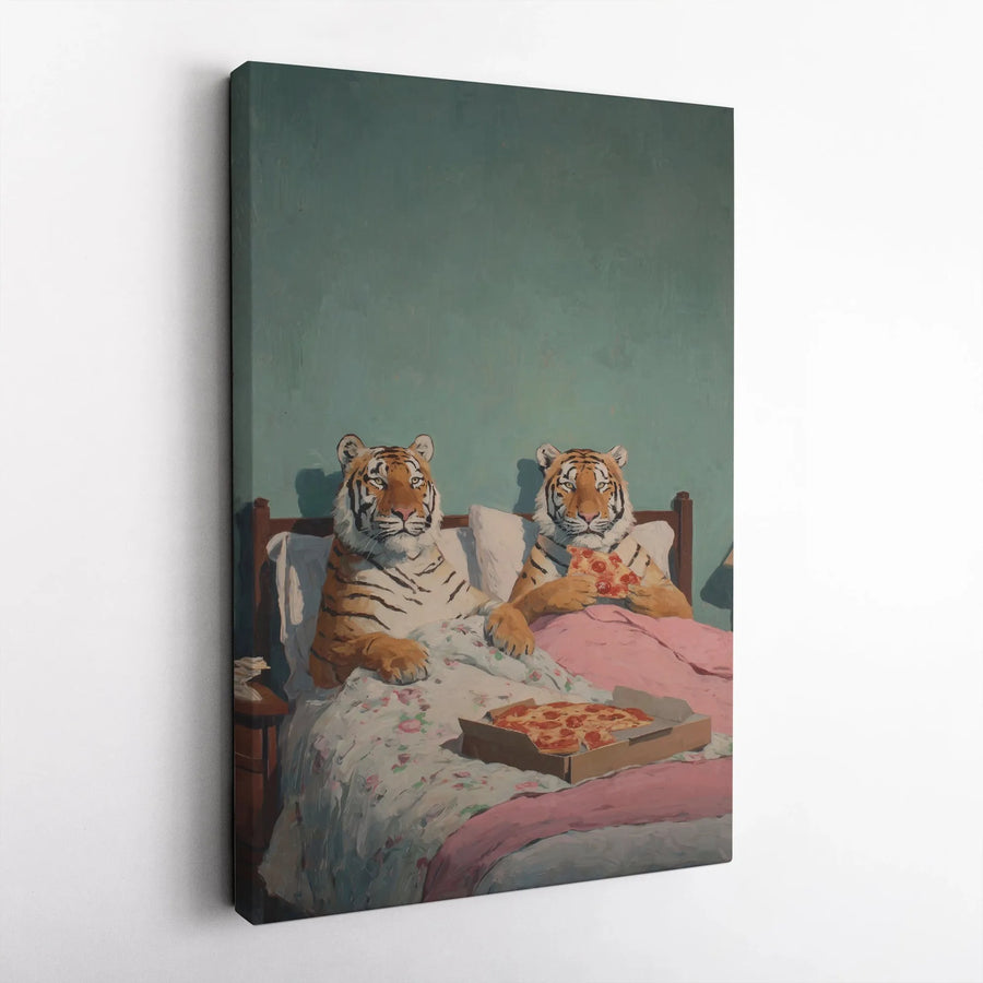 Tigers Eating Pizza In Bed Canvas Wall Art | Whimsical Animal Portrait | Gallery-Quality Fade-Resistant Print | Funny Bedroom Decor Gift