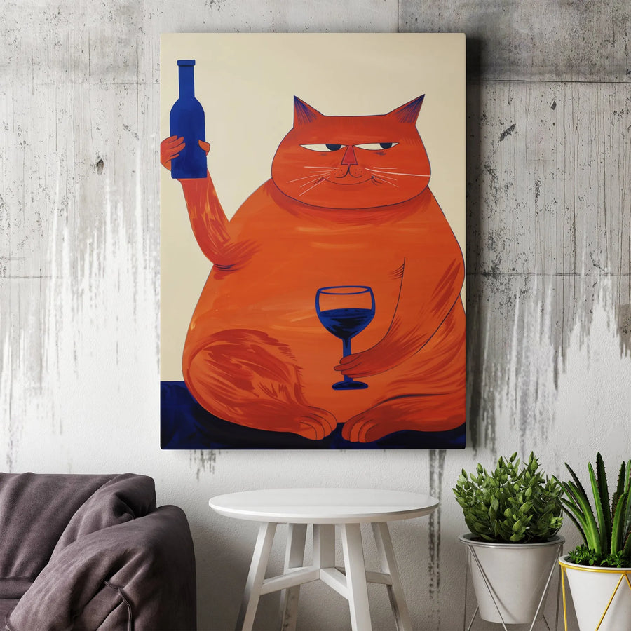 Orange Cat Wall Art | Funny Wine Drinking Fat Cat Illustration | Premium Gallery Wrapped Canvas | Gift For Wine Lovers And Cat Owners