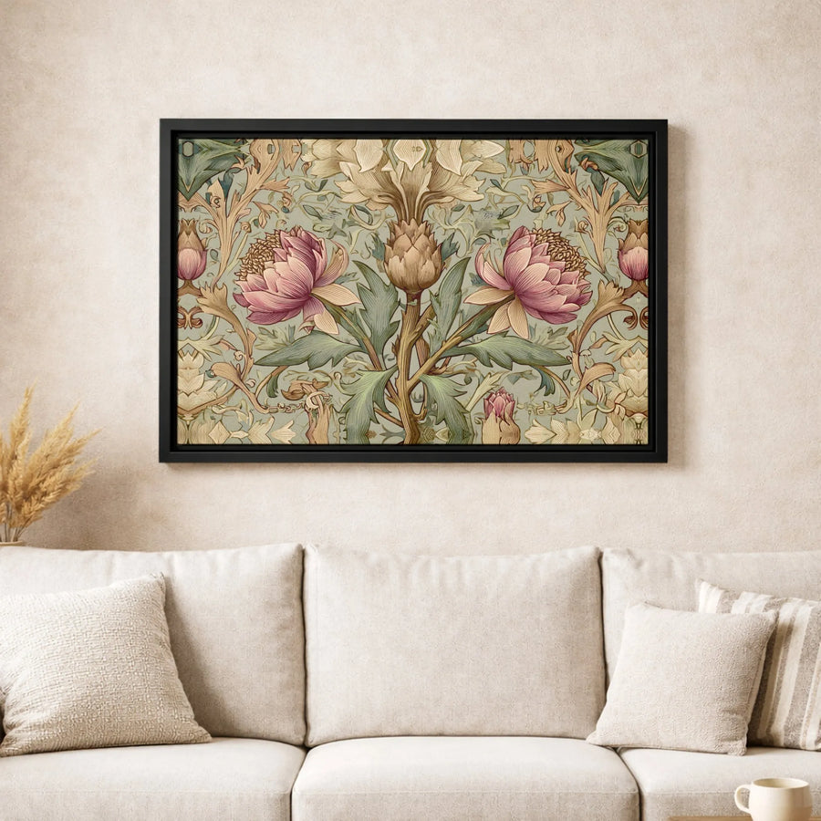 Art Nouveau Floral Canvas | Symmetrical Pink Flower & Artichoke Print | Premium Gallery Wrap Wall Art | Elegant Botanical Decor for Home Office
