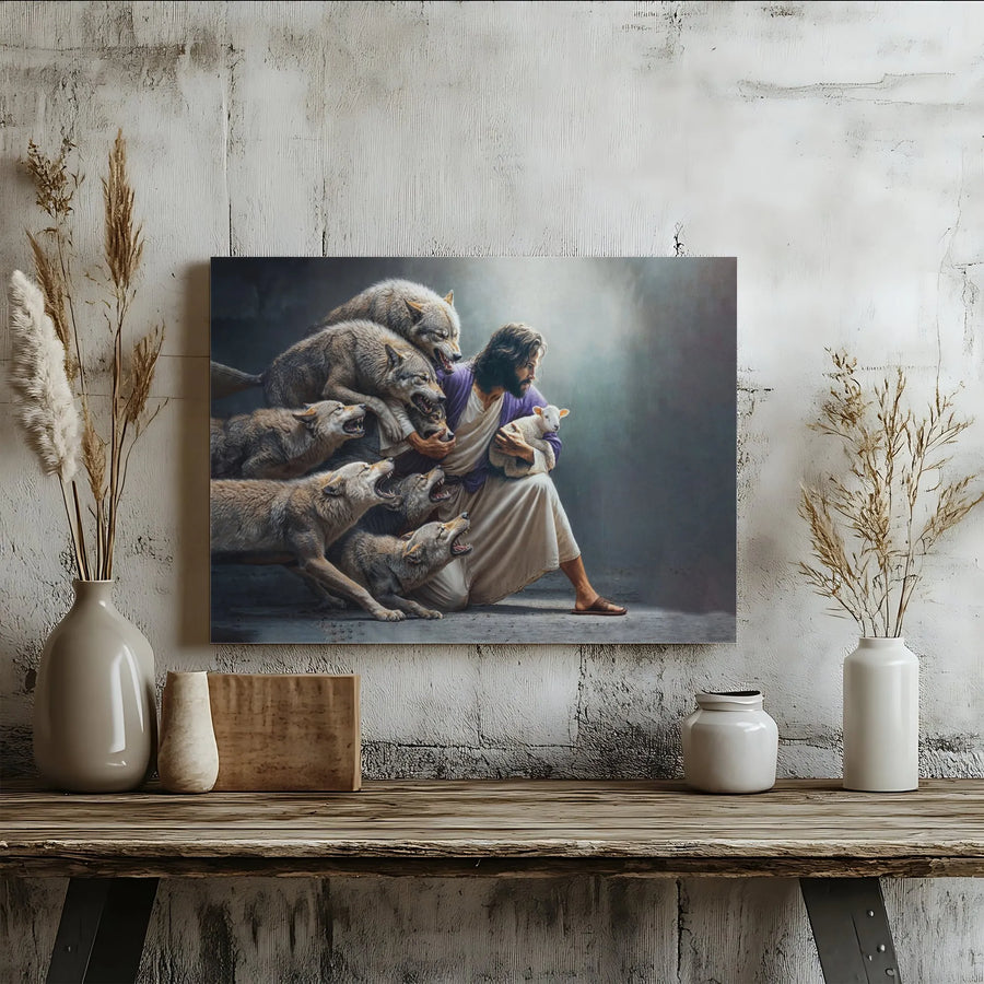 Jesus Protecting Lamb From Wolves Canvas | Religious Wall Art | Premium Gallery Wrap Print | Faithful Home Decor Gift for Believers
