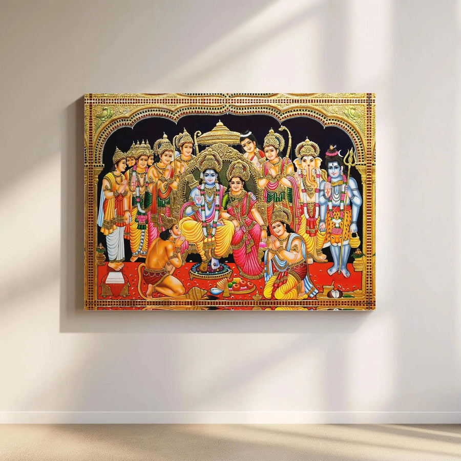 Ram Darbar Canvas Wall Art | Traditional Hindu Gods Painting with Rama Sita | Premium Gallery Canvas | Hindu Home & Pooja Room Decor Gift