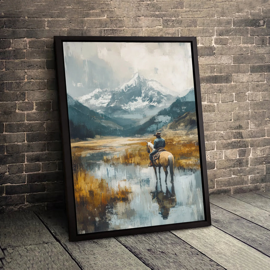 Western Cowboy Canvas Wall Art | Lone Rider Mountain Landscape Print | Premium Gallery-Wrapped Canvas | Rustic Home Decor Gift for Him