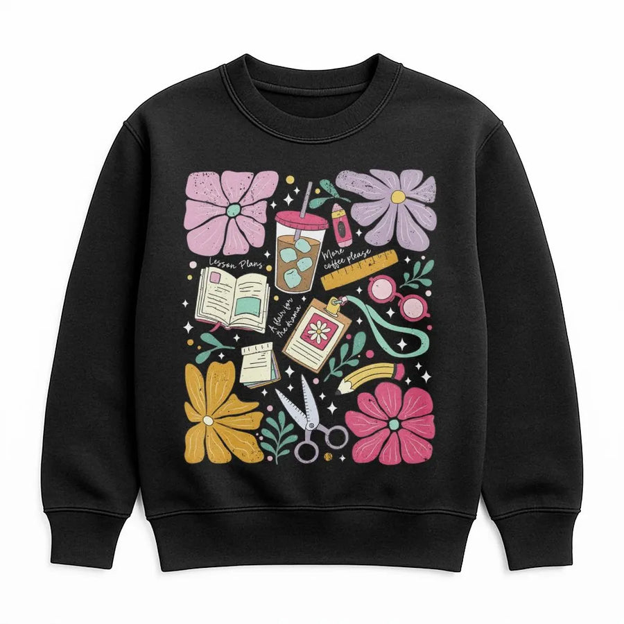 Teacher Sweatshirt | Retro Floral School Supplies Print | Soft Cotton Blend | Gift for Teachers and Educators
