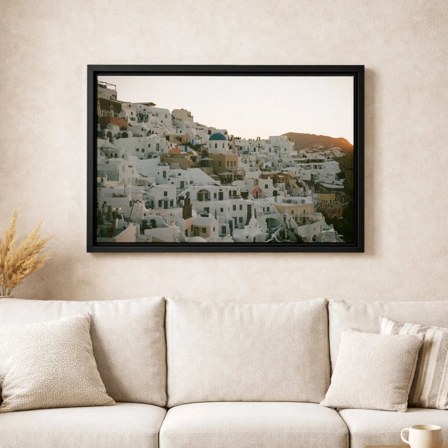 Santorini Greece Canvas Wall Art | Mediterranean Village Sunset Print | Premium 1.25-Inch Gallery Wrap | Coastal Home Decor Gift