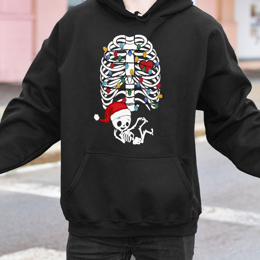 Christmas Pregnancy Hoodie | Skeleton Baby Santa Hat Graphic | Soft Cotton-Poly Blend | Cute Maternity Gift for Expecting Moms
