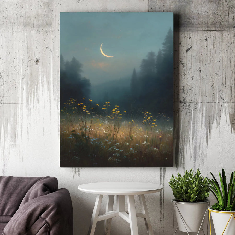 Crescent Moon Wall Art | Misty Forest Wildflower Field Print | Premium 1.25" Gallery Canvas | Dreamy Nature Decor for Bedroom or Living Room
