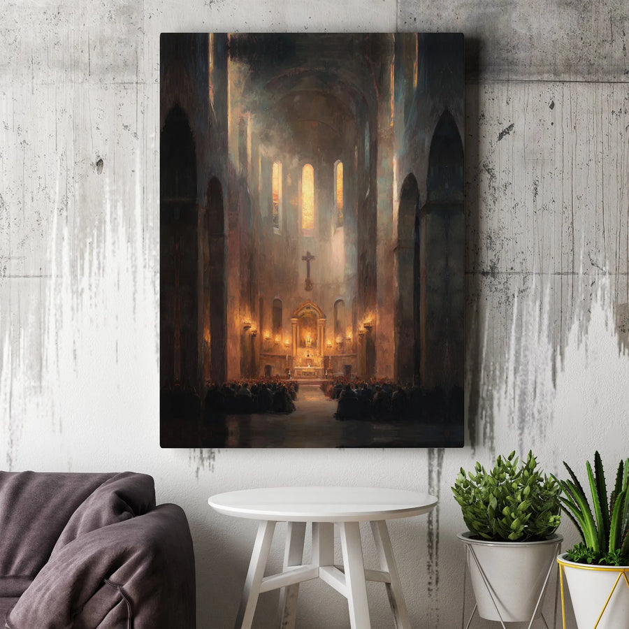 Christian Wall Art Canvas Print | Gothic Cathedral Interior Painting | Premium Fade-Resistant Canvas | Spiritual Home Decor Gift for Believers