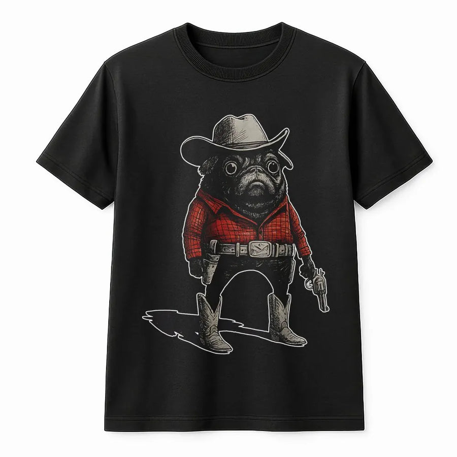 Cowboy Pug Graphic T-Shirt | Funny Western Dog Meme Art | 100% Premium Cotton Tee | Unique Gift For Dog Lovers