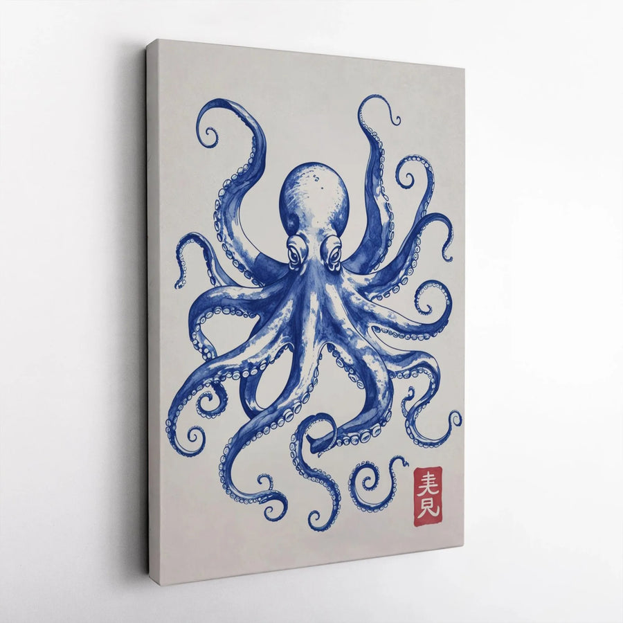Japanese Octopus Canvas Wall Art | Blue Ink Marine Life Print | Premium Gallery Wrapped 1.25" Profile | Nautical Home Decor Gift for Ocean Lovers