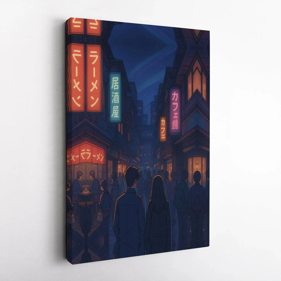 Japanese City Night Canvas Print | Aesthetic Anime Couple Street View | Gallery-Wrap Premium Canvas Wall Art | Urban Decor Gift For Anime Fans
