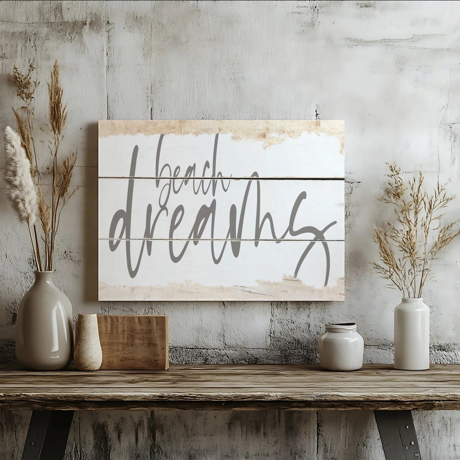 Beach Dreams Wall Art | Rustic Farmhouse Script Sign | Premium Gallery Wrap Canvas | Coastal Home Decor Gift