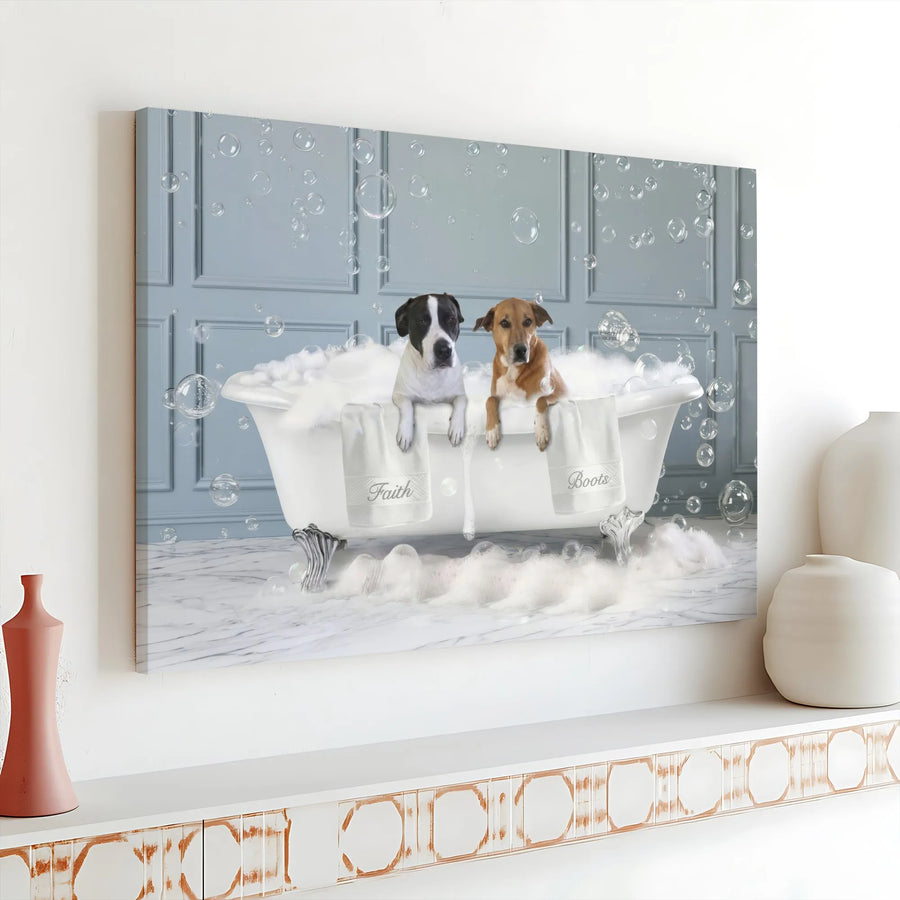 Funny Dogs in Bathtub Canvas Art | Cute Puppies in a Bubble Bath | Premium Gallery Wrapped Print | Humorous Bathroom Decor for Dog Lovers Gift