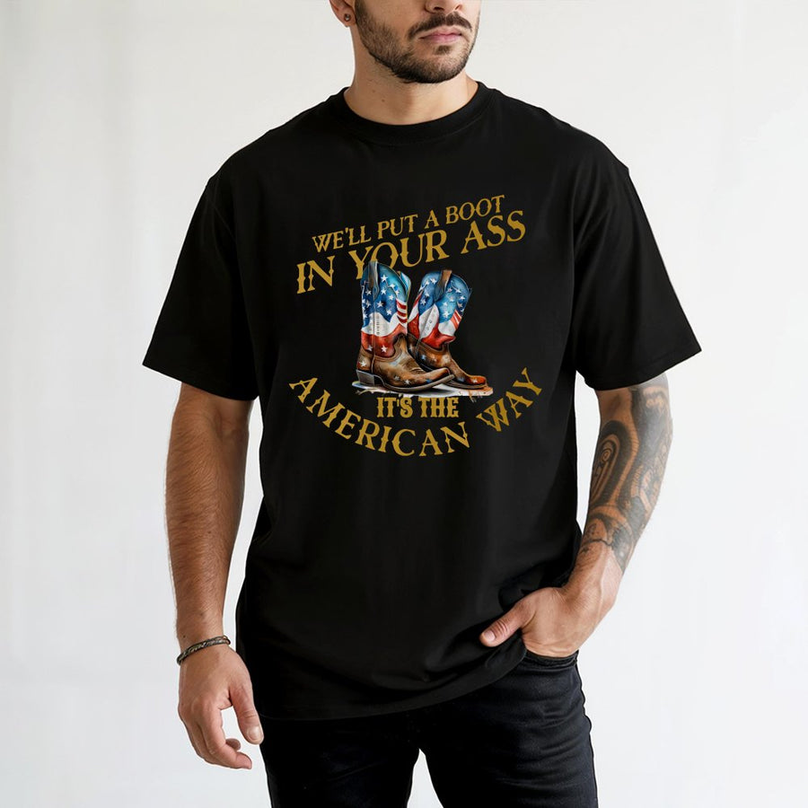 Patriotic Cowboy Boots T-Shirt | American Flag Western Graphic | Premium 100% Cotton Tee | Gift for Country Music Fans & Proud Americans