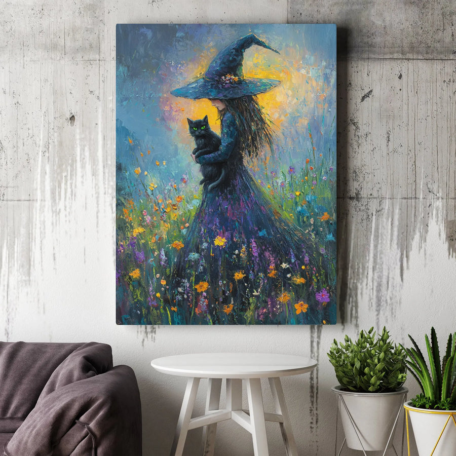 Witch With Black Cat Canvas Print | Whimsical Wildflower Meadow Oil Painting Style | 1.25-Inch Gallery Wrap | Gothic Cottagecore Home Decor Gift