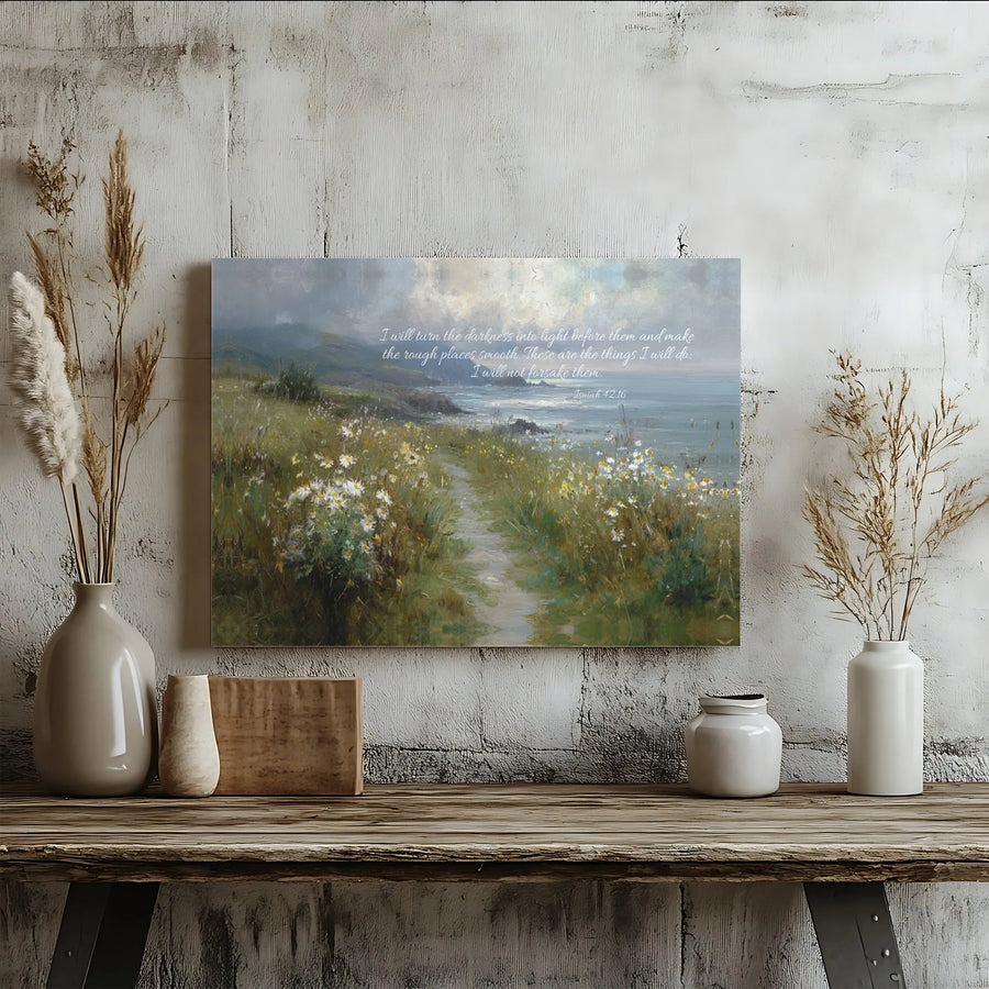 Isaiah 42:16 Scripture Canvas Wall Art | Coastal Path Wildflower Painting | Premium Gallery Wrapped Print | Inspirational Christian Home Decor Gift
