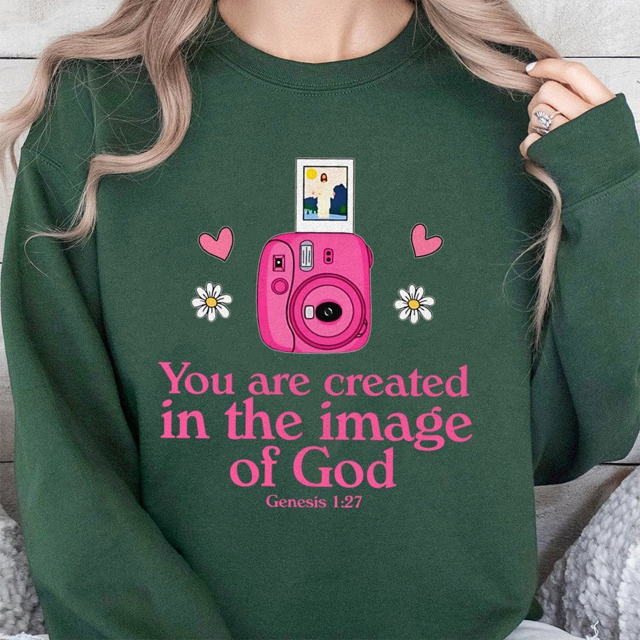 Created In The Image Of God Sweatshirt | Faith-Based Instant Camera Design | Premium Cotton Blend | Christian Gift For Women & Teens