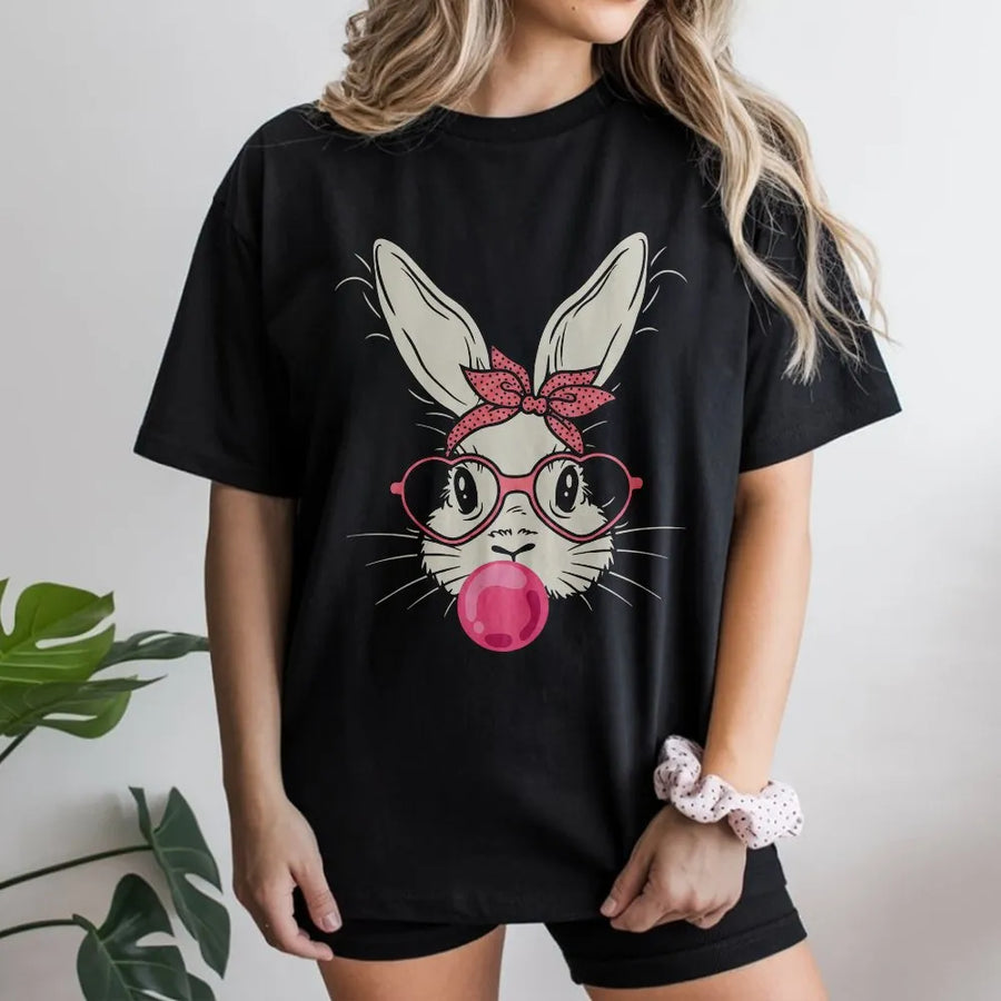 Cute Easter Bunny T-Shirt | Bubble Gum Rabbit With Heart Glasses | Premium 100% Cotton Tee | Fun Spring Holiday Gift For Women And Kids