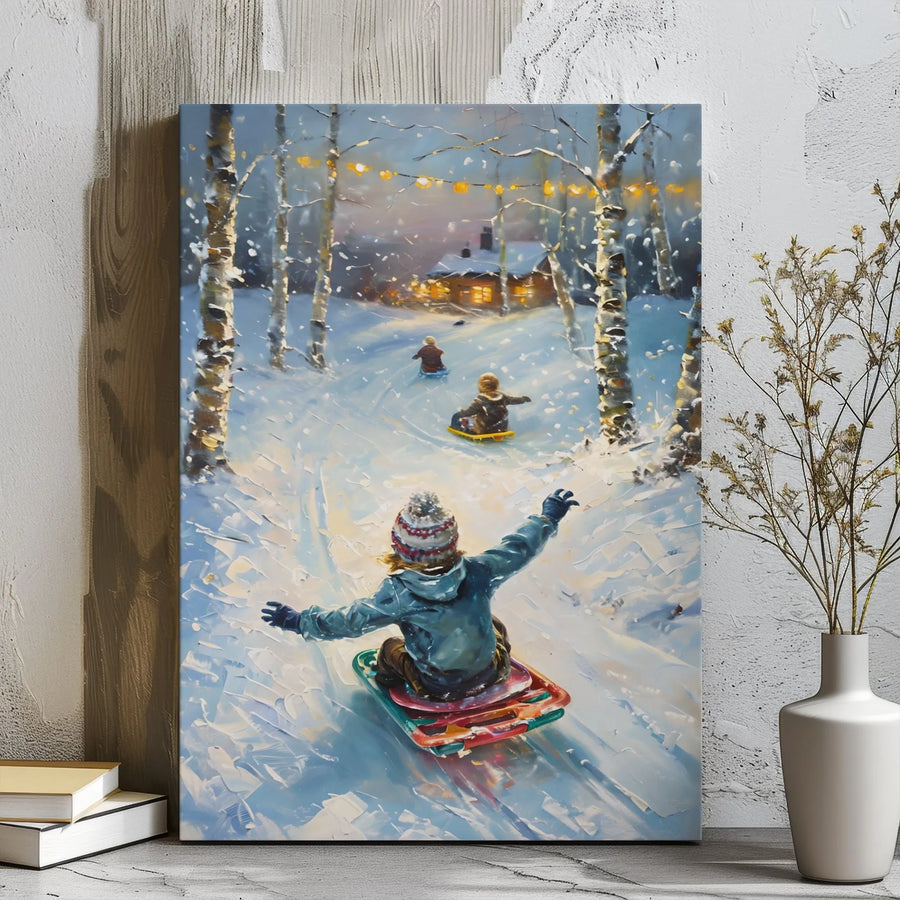 Winter Sledding Canvas Wall Art | Snowy Forest Impressionist Painting | Premium Gallery Wrap Print | Festive Holiday Home Decor