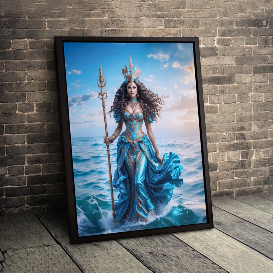 Yemaya Goddess Canvas Wall Art | Ocean Queen with Trident Fantasy Print | Premium Fade-Resistant Gallery Wrap | Spiritual Home Decor Gift