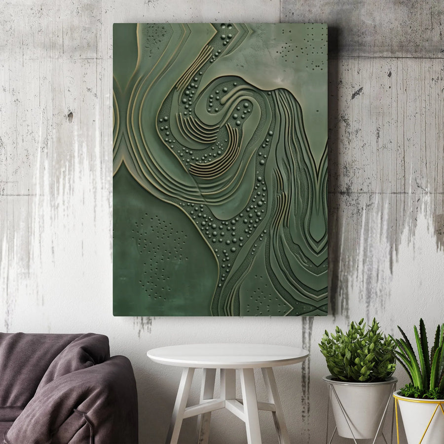 Abstract Green Wall Art | 3D Textured Topographical Bas-Relief Print | Premium Gallery Wrap Canvas | Modern Minimalist Home Decor for Office