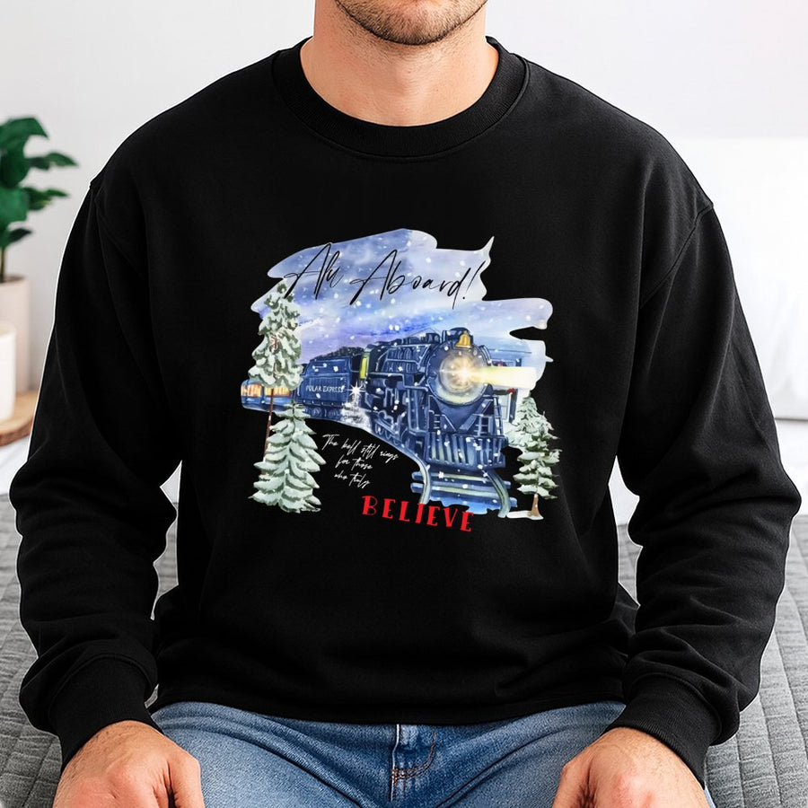 Christmas Train Sweatshirt | Believe Winter Locomotive Graphic | Soft Cotton Blend Crewneck | Holiday Movie Gift For Family