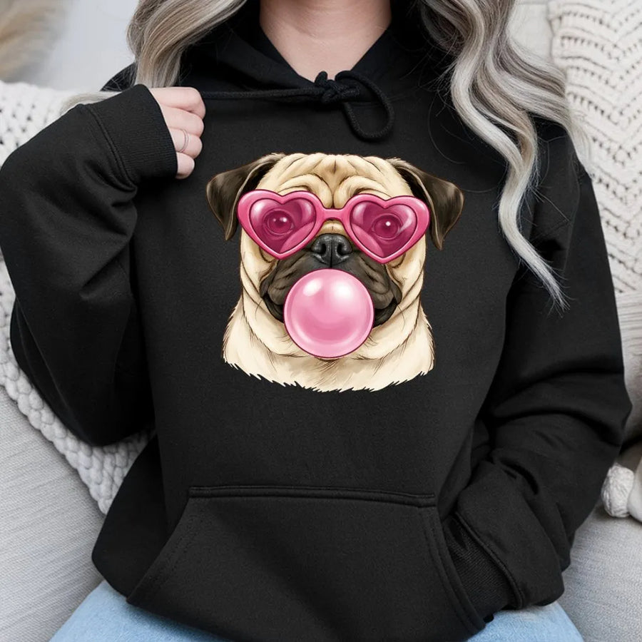 Pug Hoodie | Cute Dog With Heart Glasses And Bubblegum Graphic | Soft Cotton-Blend Premium Sweatshirt | Fun Animal Lover Gift For Men And Women